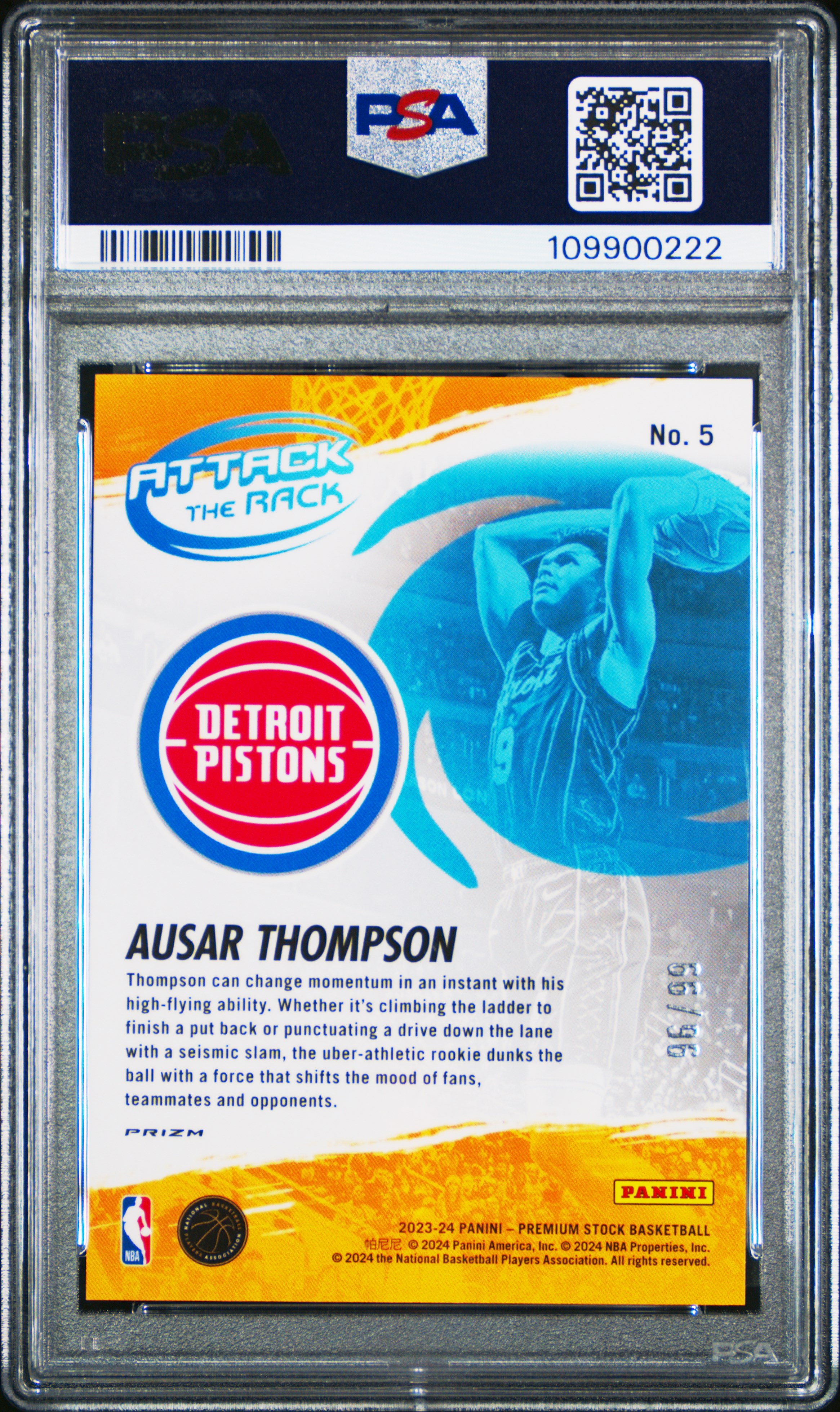 2023 Panini Hoops Premium Stock Attack The Rack Ausar Thompson #5 (Attack/Rack-Blu Seismic Prz) Gem Mt 10 front