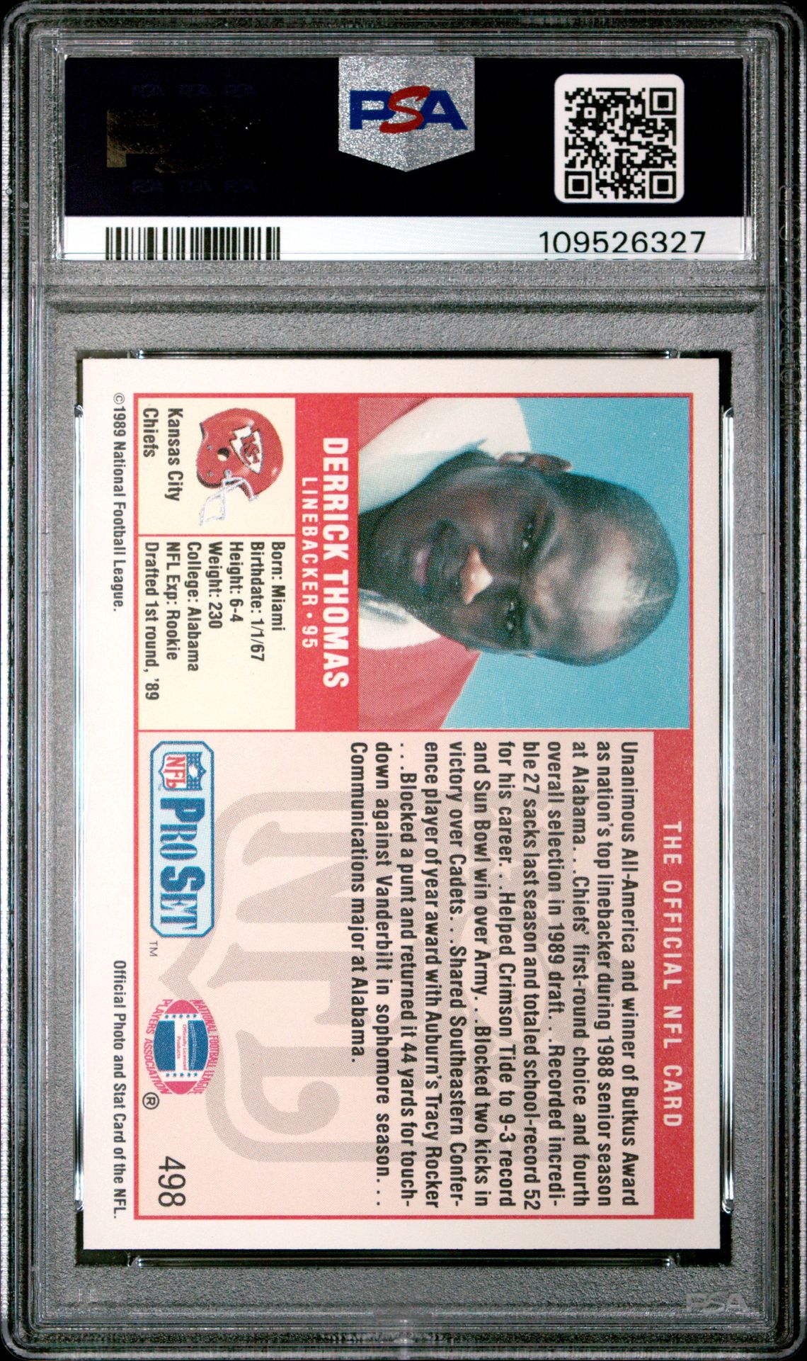 1989 Pro Set Derrick Thomas #498 Nm-Mt 8 back