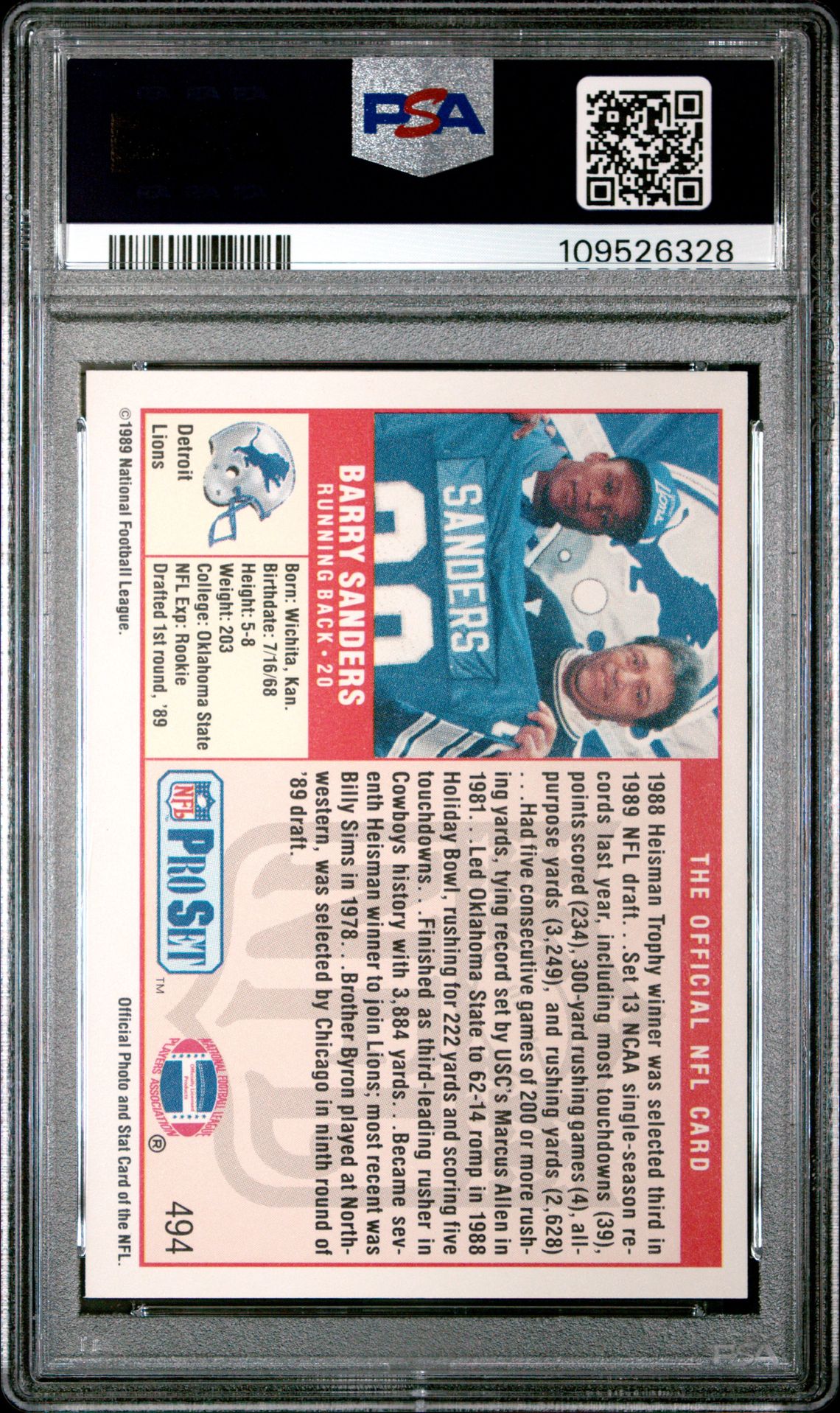 1989 Pro Set Barry Sanders #494 Mint 9 back