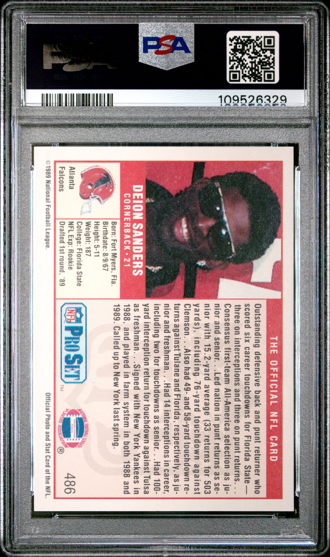 1989 Pro Set Deion Sanders #486 Gem Mt 10 back
