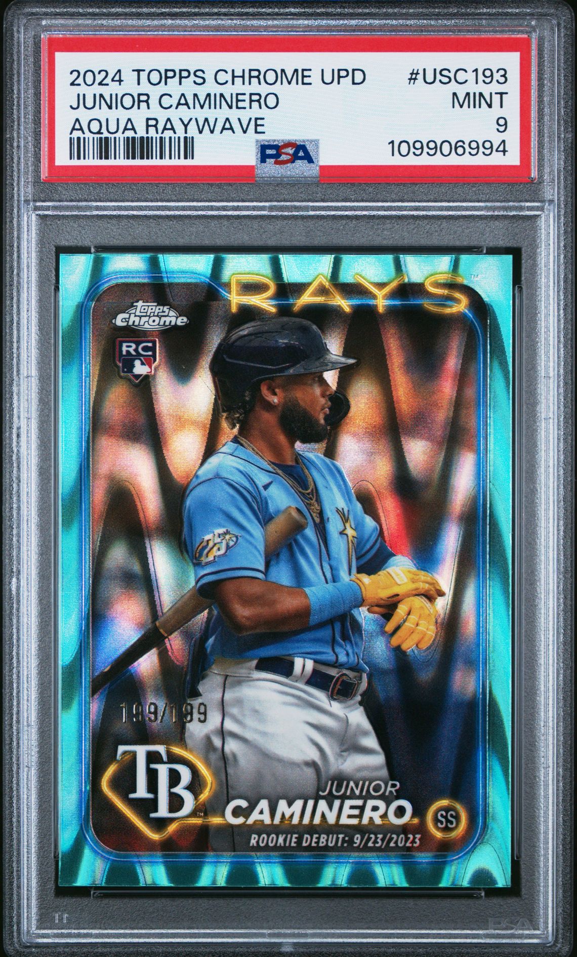 2024 Topps Chrome Update Junior Caminero #Usc193 (Aqua Raywave) Mint 9 front