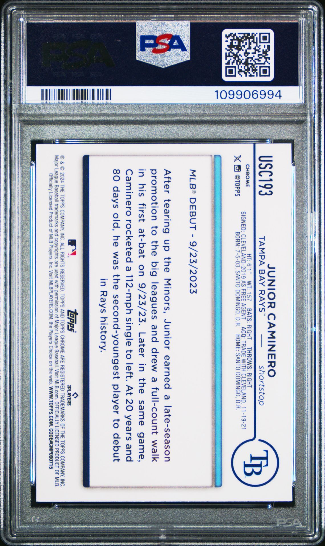 2024 Topps Chrome Update Junior Caminero #Usc193 (Aqua Raywave) Mint 9 back