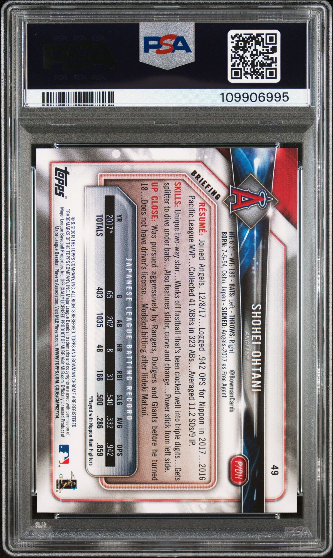 2018 Bowman Shohei Ohtani #49 Mint 9 back