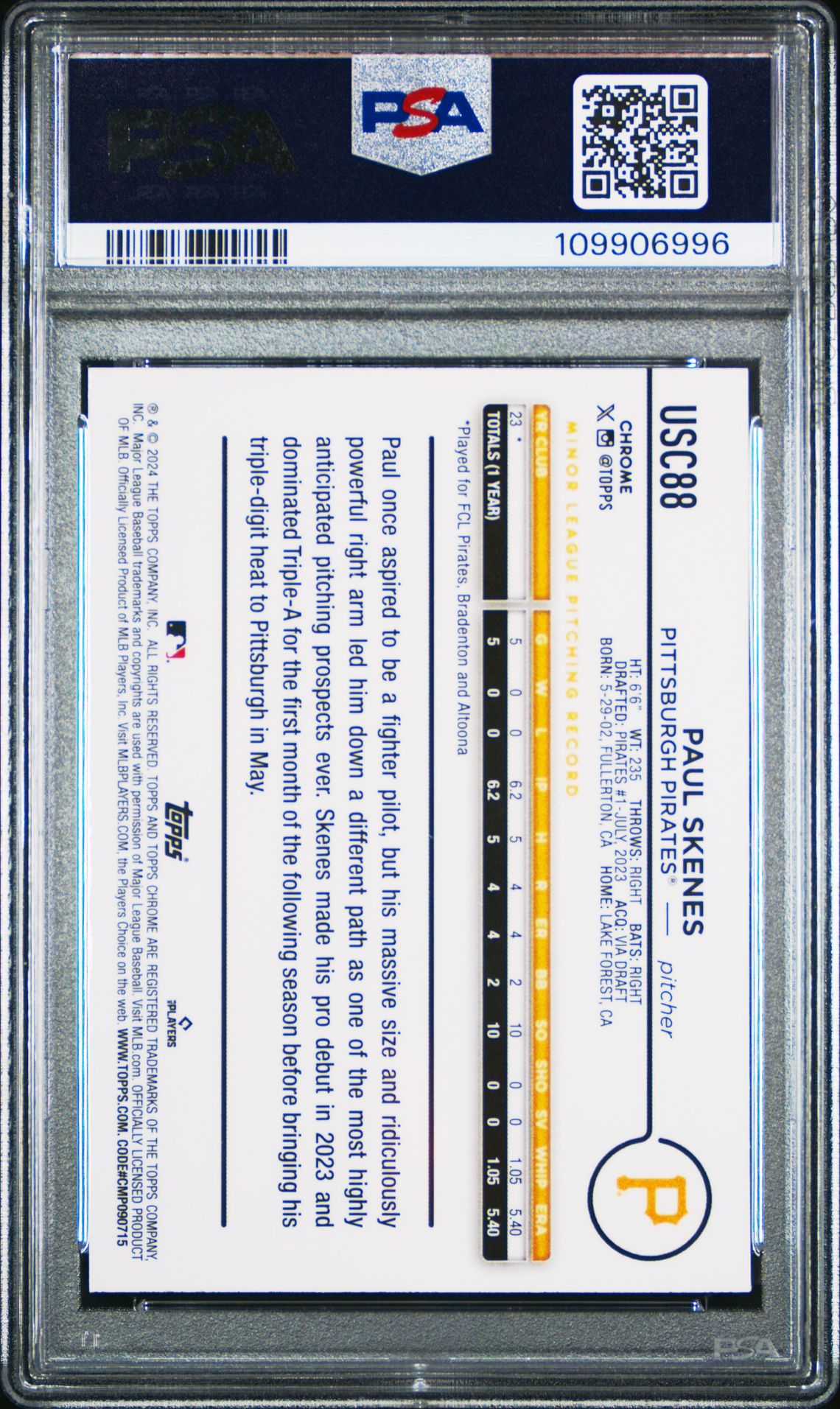 2024 Topps Chrome Update Paul Skenes #Usc88 (X-Fractor) Gem Mt 10 back