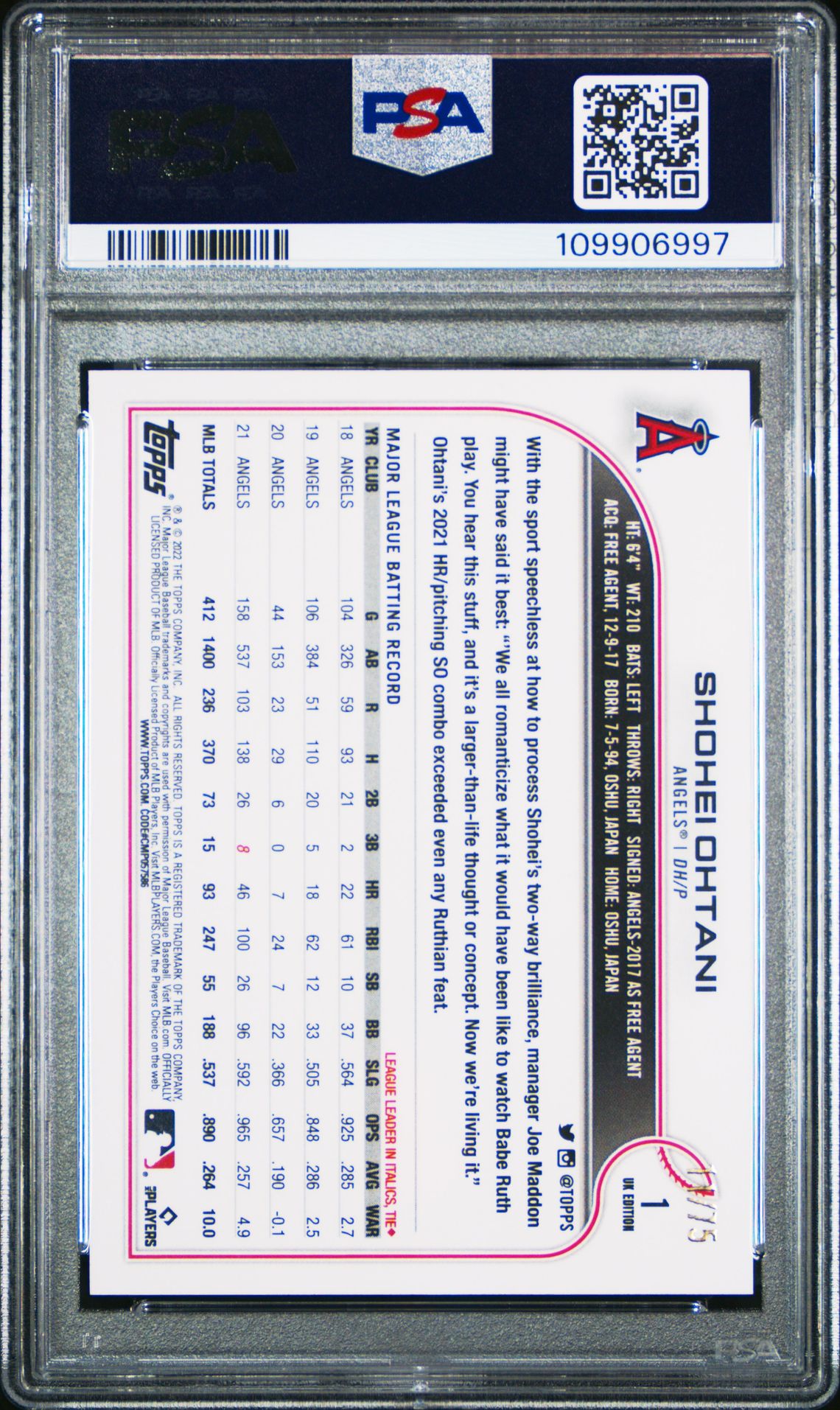 2022 Topps Uk Edition Shohei Ohtani #1 (Blue) Gem Mt 10 back