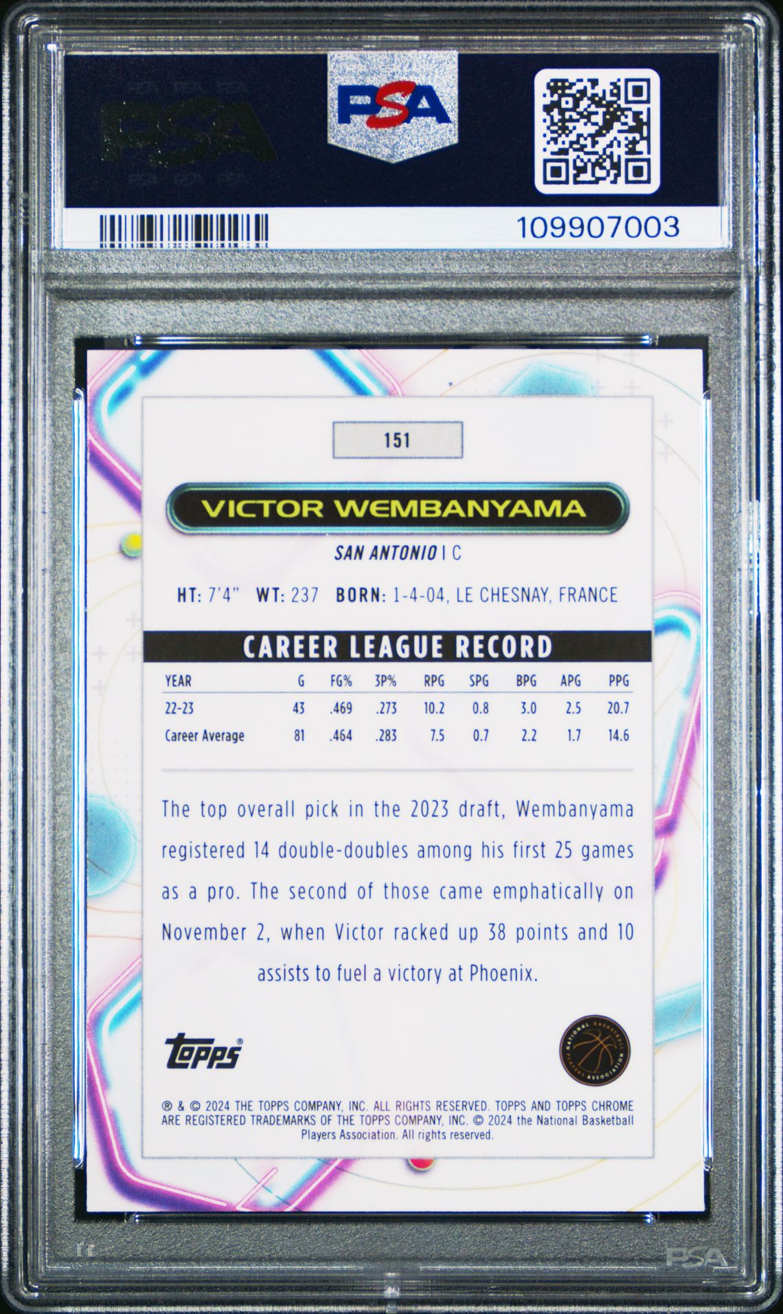 2023 Topps Cosmic Chrome Victor Wembanyama #151 (Blue Moon) Gem Mt 10 back