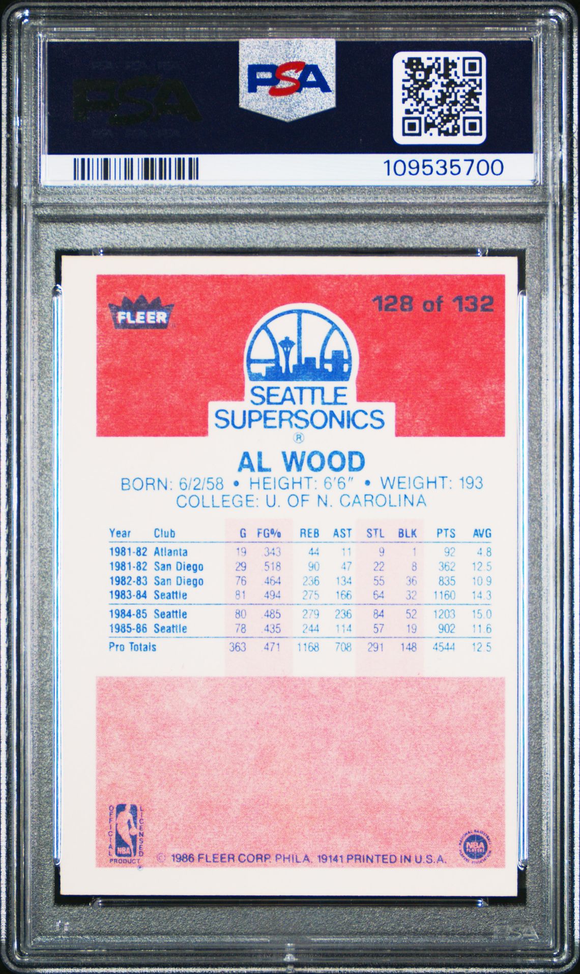 1986 Fleer Al Wood #128 Nm 7 back