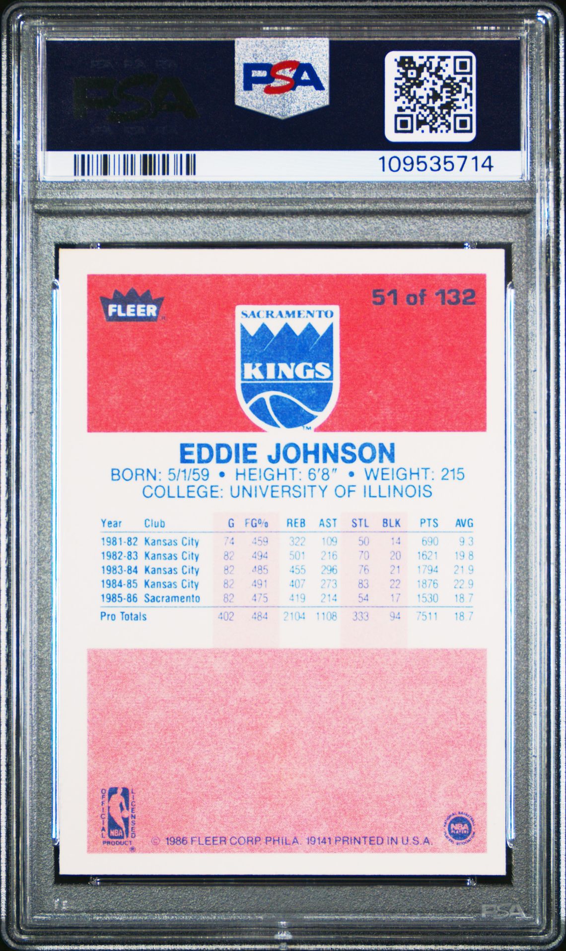 1986 Fleer Eddie Johnson #51 Nm 7 back