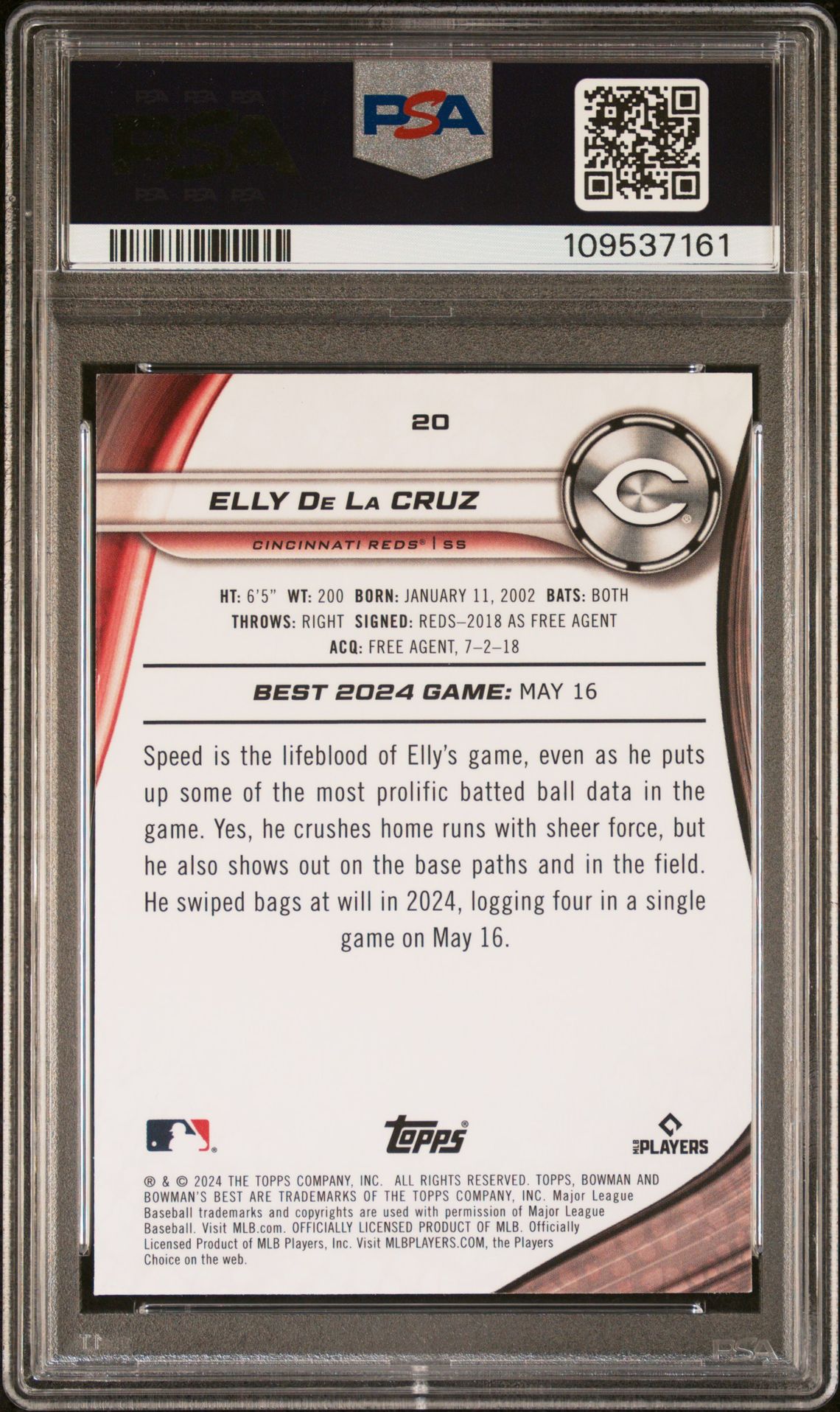 2024 Bowman's Best Elly De La Cruz #20 (Mini Diamond) Gem Mt 10 back view - PSA certificate #109537161