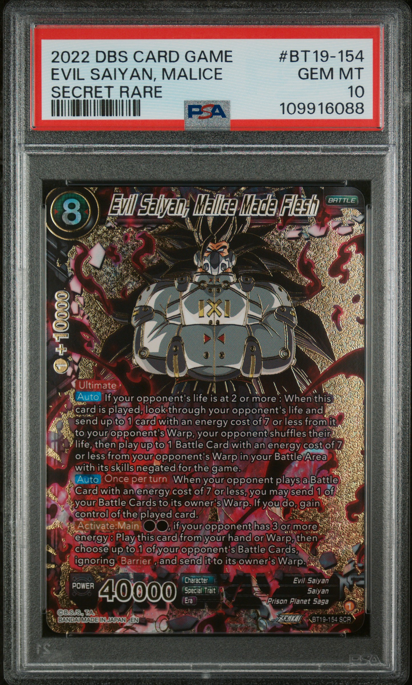 2022 #BT19-154 Evil Saiyan, Malice Made Flesh PSA 10 Dragon Ball Super Card Game Series 19 Fighter's Ambition