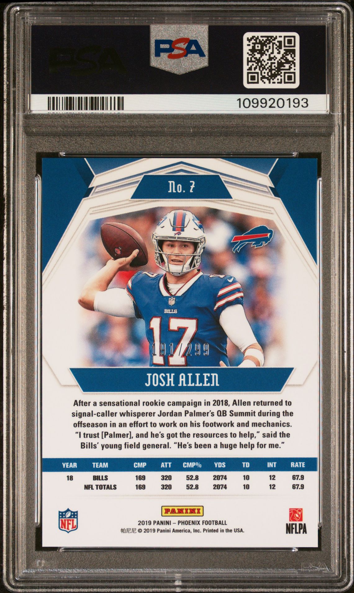 2019 Panini Phoenix Josh Allen #7 (Red) Mint 9 back