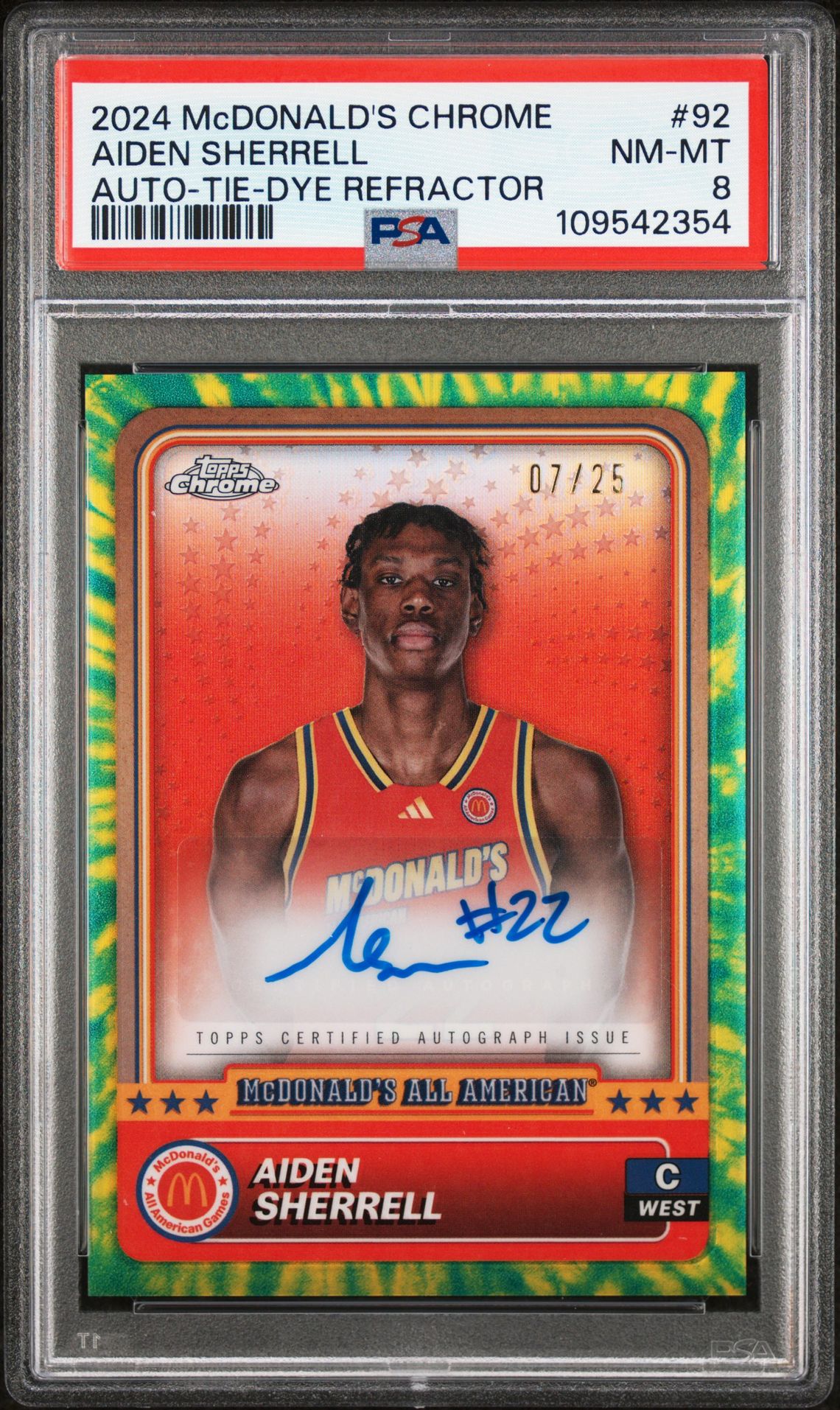 2024 Topps Chrome TOPPS CHROME MCDONALD'S ALL AMERICAN AUTO-TIE-DYE REFRACTOR #92 Aiden Sherrell front