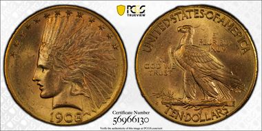 1908-D $10 Motto MS64+ 