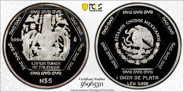 1994-Mo 5 Peso Lapida Tumba de Palenque PR69DCAM