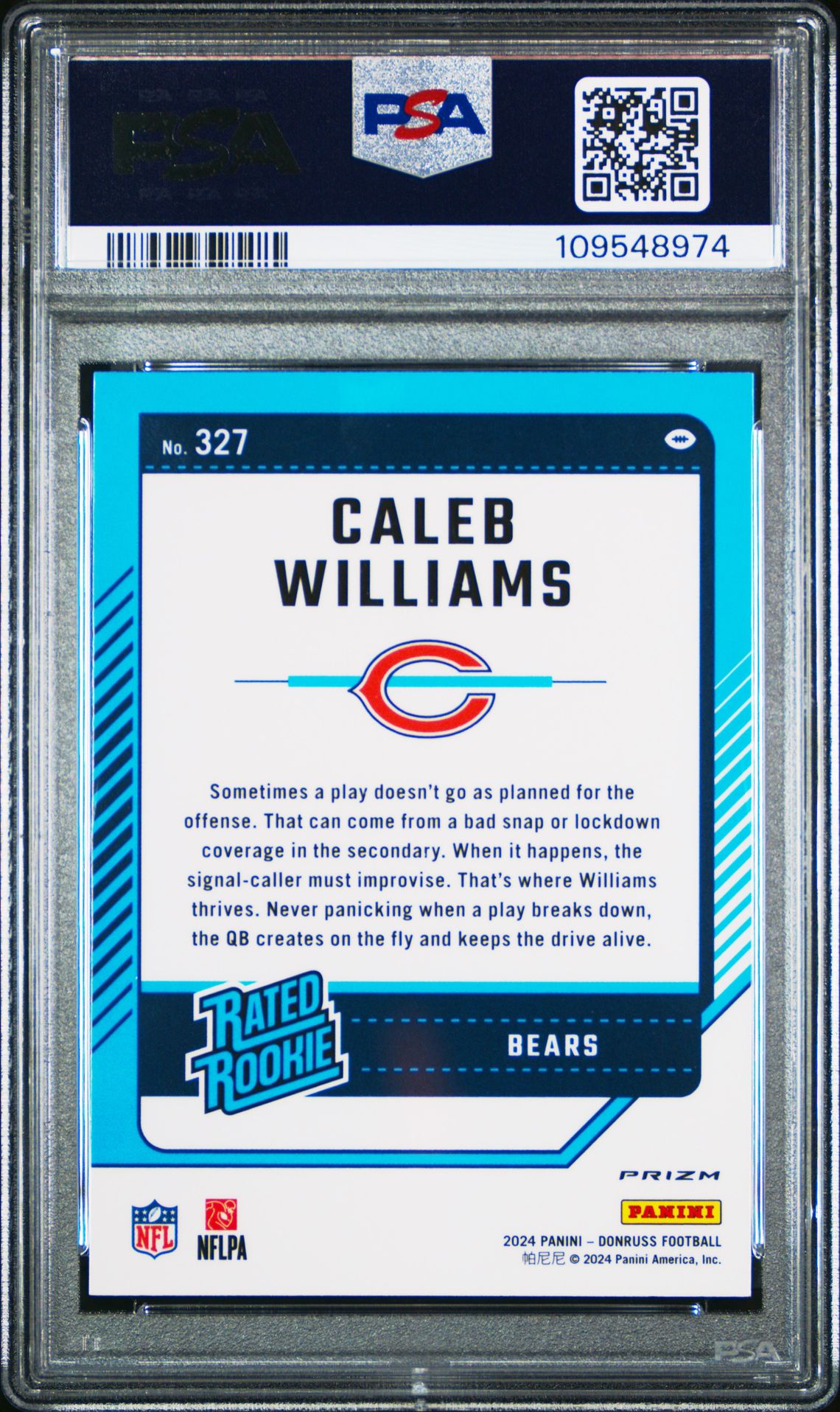 2024 Panini Donruss Caleb Williams #327 (Optic Preview-Red & Green) Gem Mt 10 back