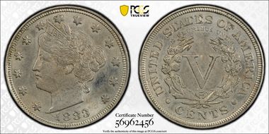 1883 5C With CENTS AU58