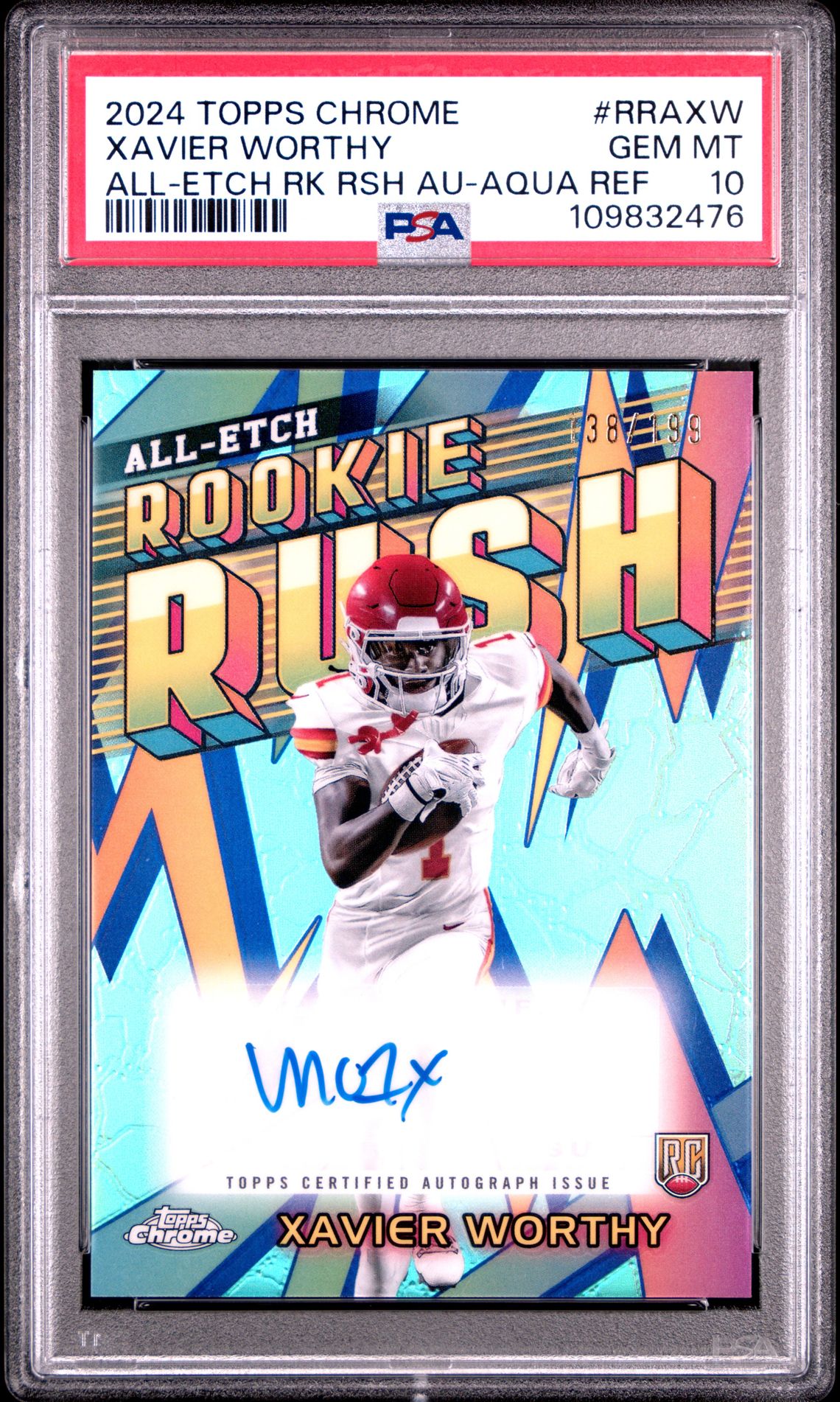 2024 Topps Chrome Chrome All-Etch Rookie Rush Autographs Xavier Worthy #Rraxw (All-Etch Rk Rsh Au-Aqua Ref) Gem Mt 10 front