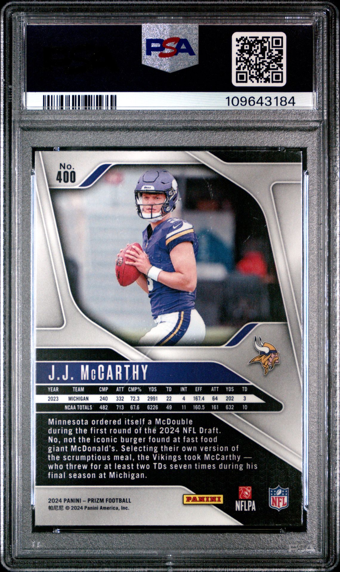 2024 Panini Prizm Jj Mccarthy #400 Gem Mt 10 back