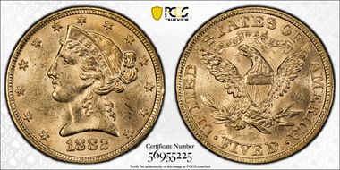 1882 $5 MS62