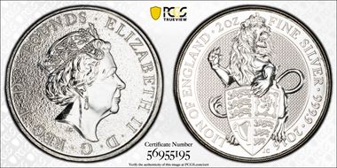 2016 £5 Lion of England Queen's Beasts 2oz Ag MS64