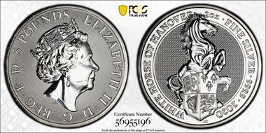2020 £5 White Horse of Hanover Queen's Beasts 2oz Ag MS64