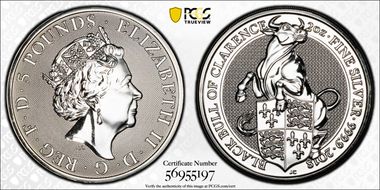 2018 £5 Black Bull of Clarence Queen's Beasts 2oz Ag MS67