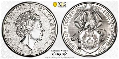2017 £5 Griffin of Edward III Queen's Beasts 2oz Ag MS67