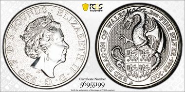 2017 £5 Red Dragon of Wales Queen's Beasts 2 oz Ag MS65