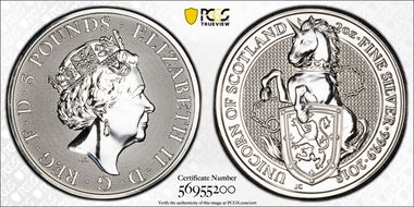 2018 £5 Unicorn of Scotland Queen's Beasts 2oz Ag MS67