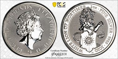 2020 £5 White Lion of Mortimer Queen's Beasts  2oz Ag MS64