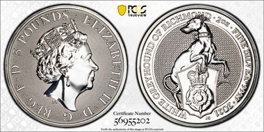 2021 £5 White Greyhound of Richmond Queen's Beasts 2oz Ag MS66