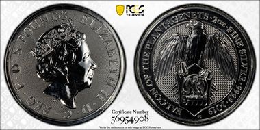 2019 £5 Falcon of the Plantagenets Queen's Beasts 2oz Ag MS66