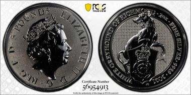 2021 £5 White Greyhound of Richmond Queen's Beasts 2oz Ag MS67