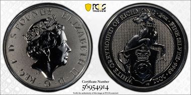 2021 £5 White Greyhound of Richmond Queen's Beasts 2oz Ag MS67