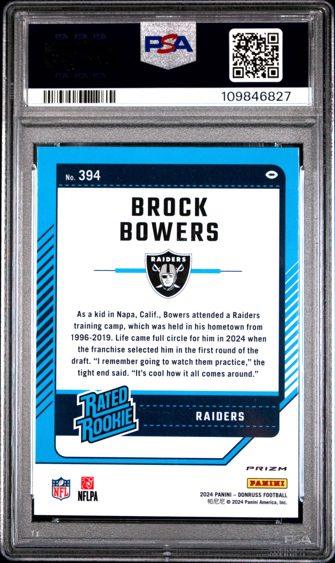2024 Panini Donruss Brock Bowers #394 (Optic Preview-Red Pandora) Gem Mt 10 back