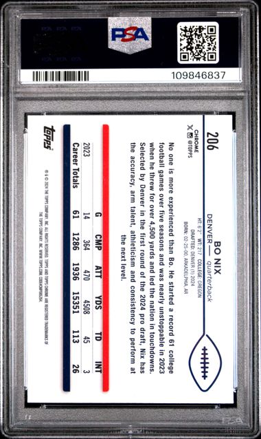 2024 Topps Chrome Bo Nix #206 (Green Refractor) Gem Mt 10 back