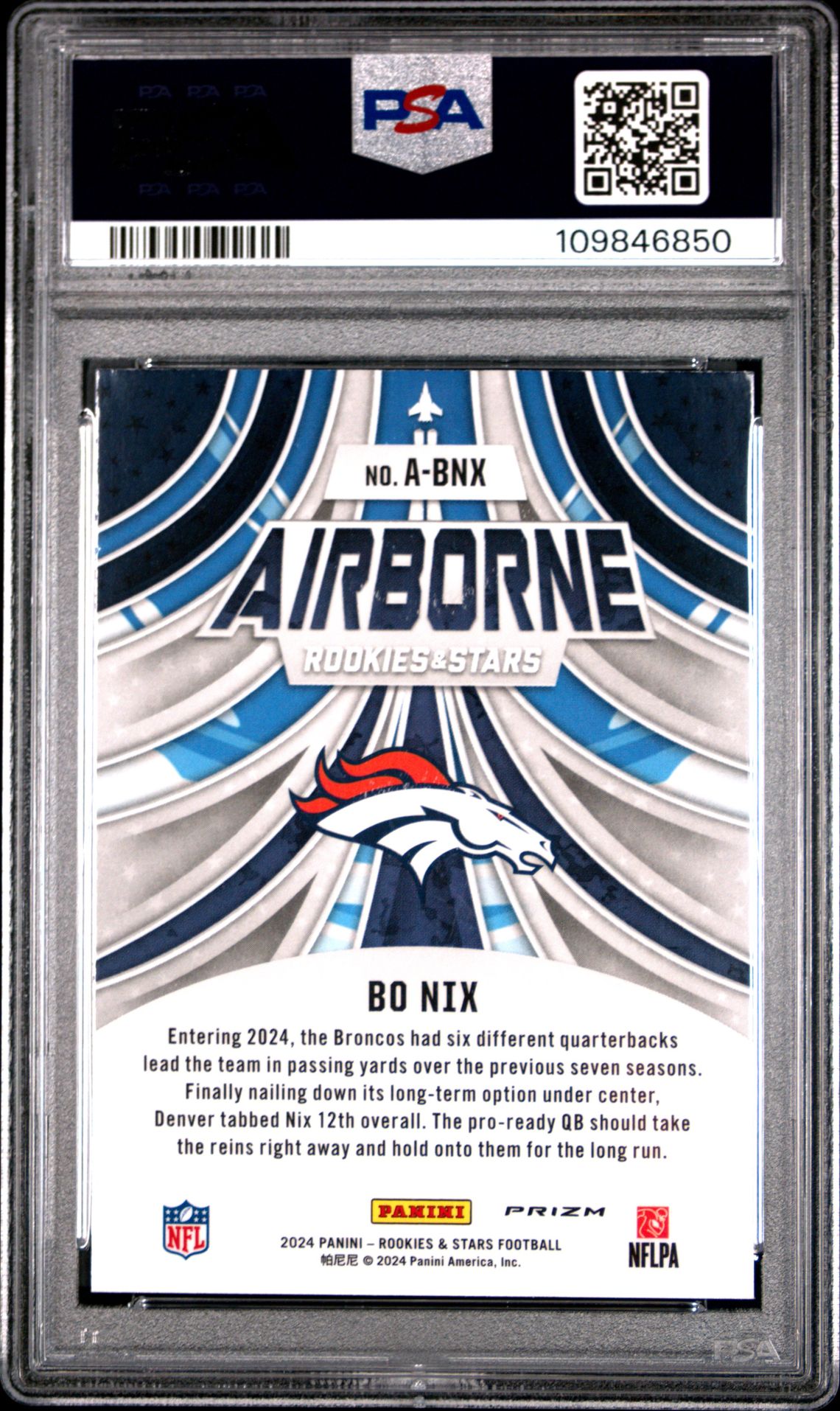 2024 Panini Rookies & Stars Airborne Bo Nix #Abnx (Airborne-Longevity) Gem Mt 10 back