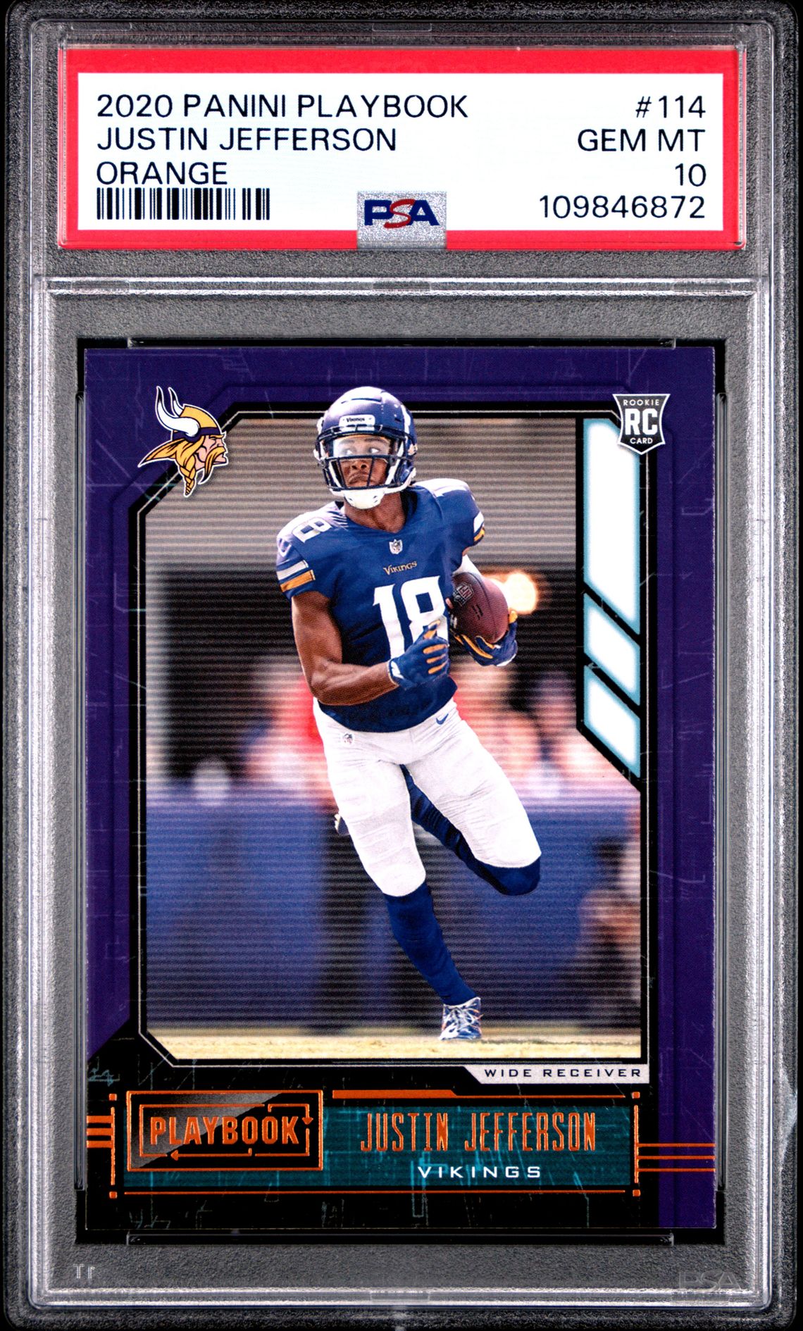 2020 Panini Playbook Justin Jefferson #114 (Orange) Gem Mt 10 front
