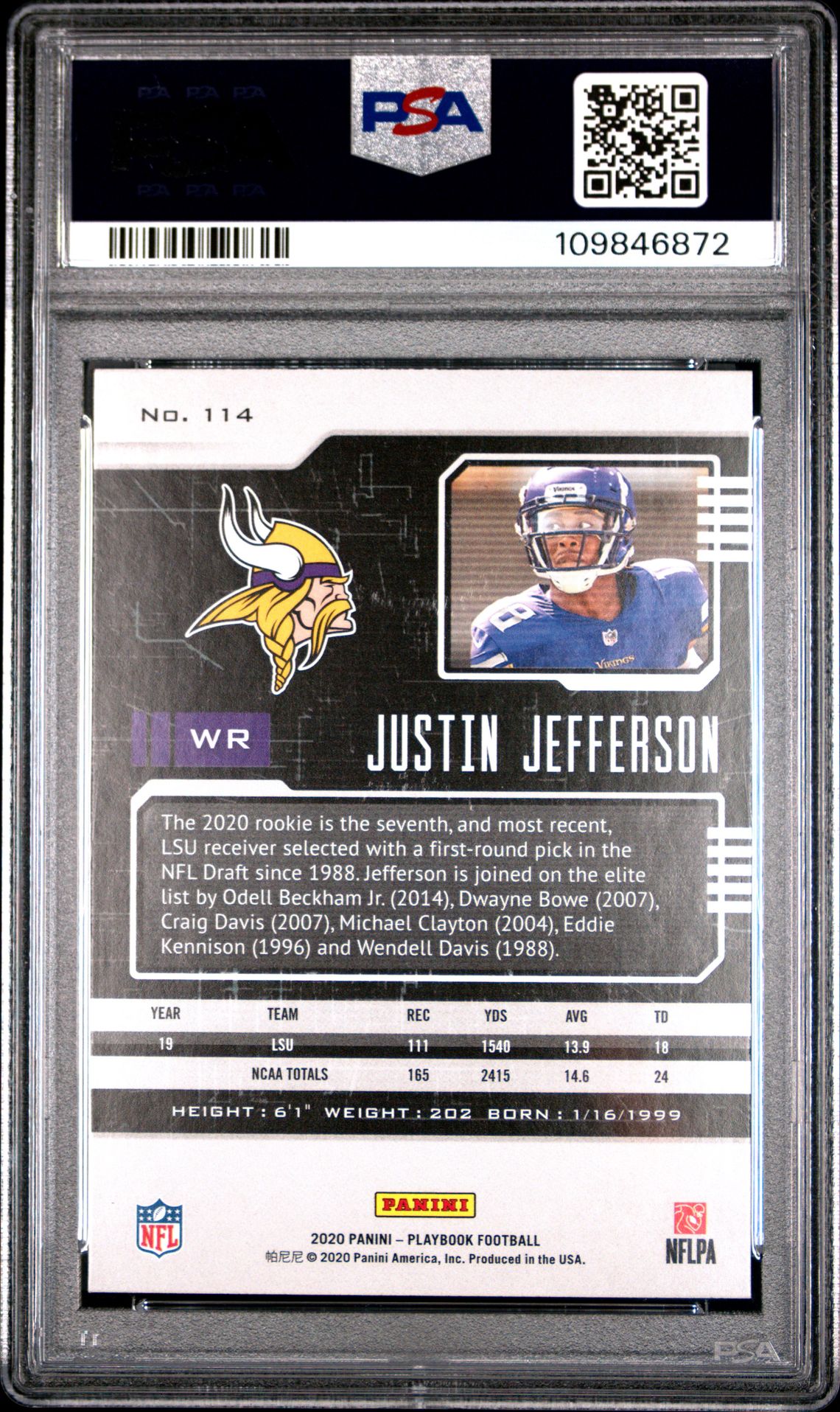 2020 Panini Playbook Justin Jefferson #114 (Orange) Gem Mt 10 back