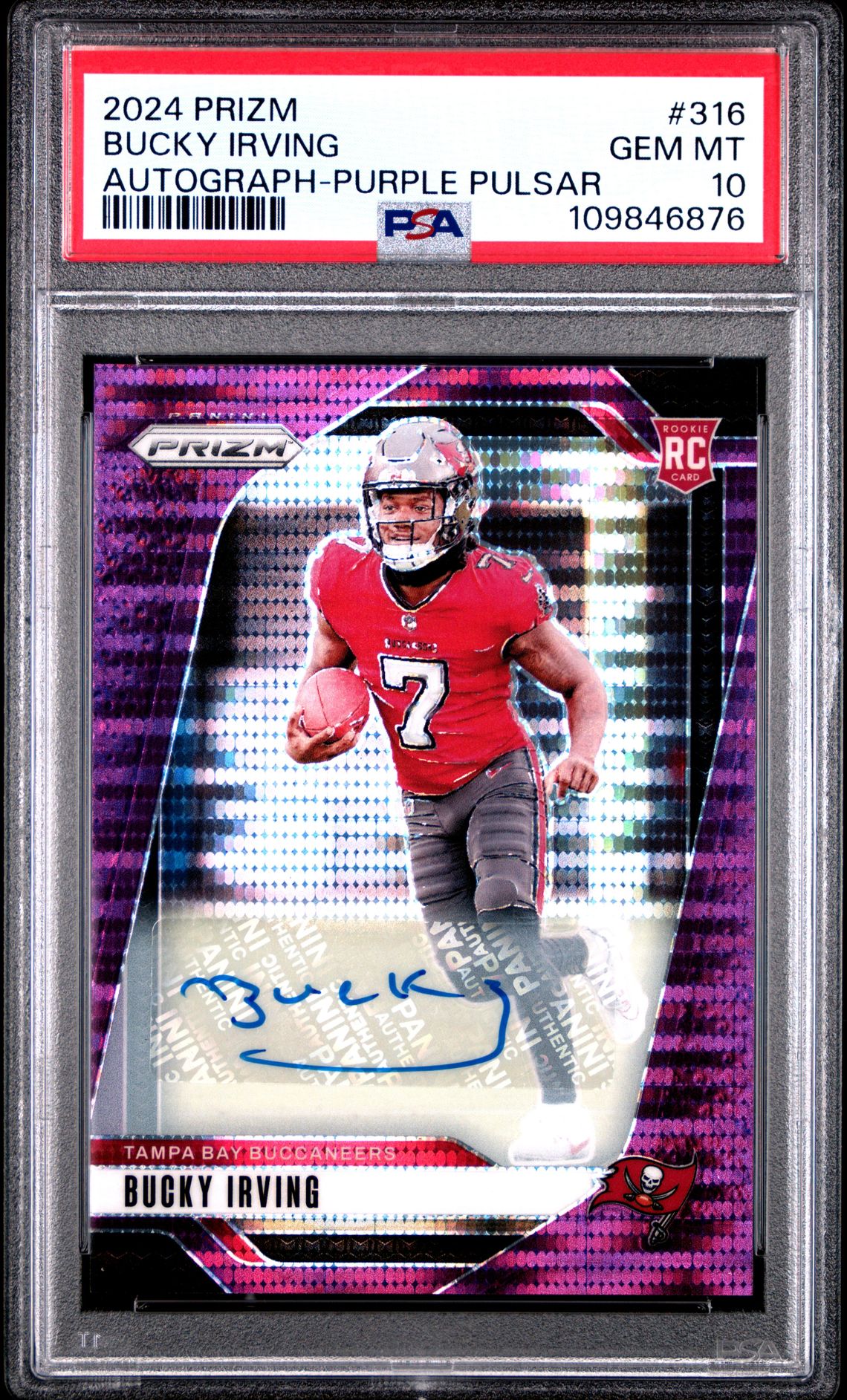 2024 Panini Prizm Bucky Irving #316 (Autograph-Purple Pulsar) Gem Mt 10 front