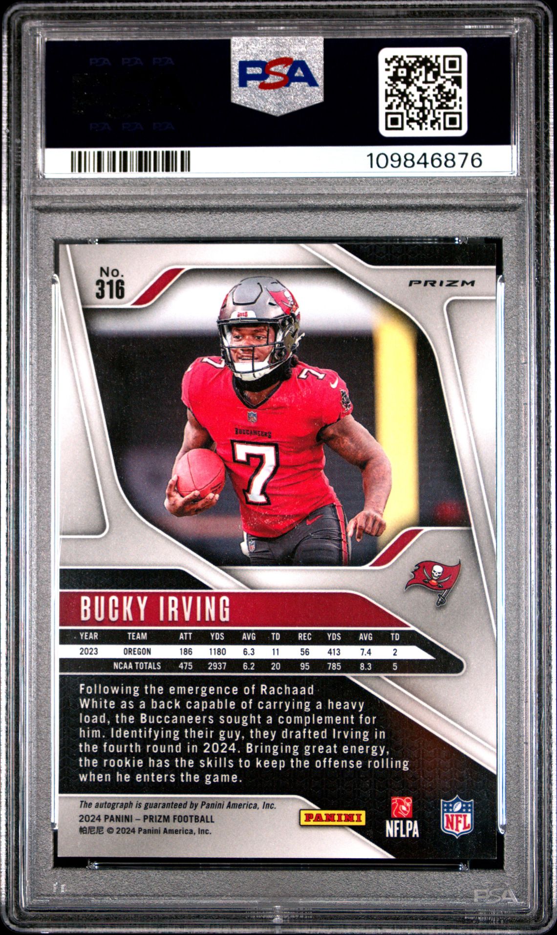 2024 Panini Prizm Bucky Irving #316 (Autograph-Purple Pulsar) Gem Mt 10 back