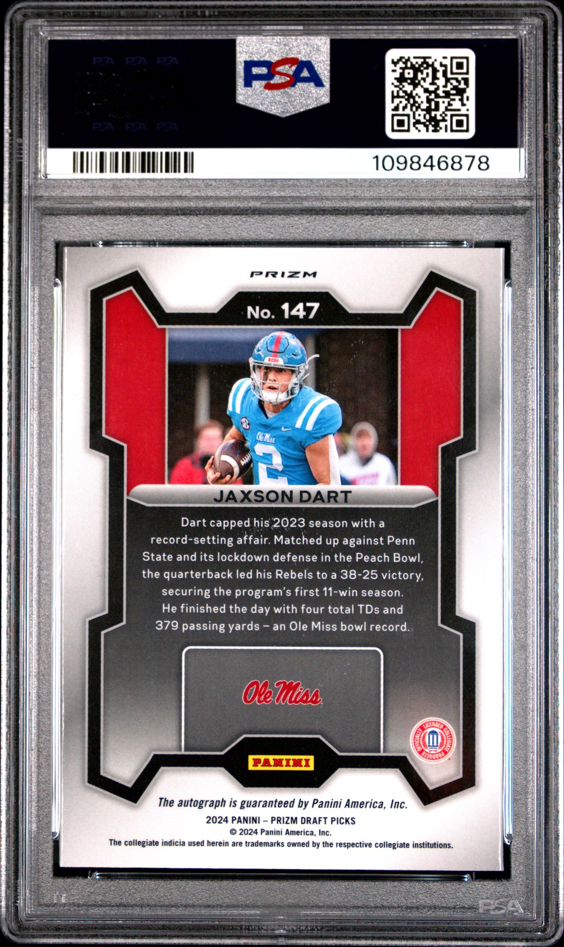 2024 Panini Prizm Draft Picks Jaxson Dart #147 (Autograph) Gem Mt 10 back