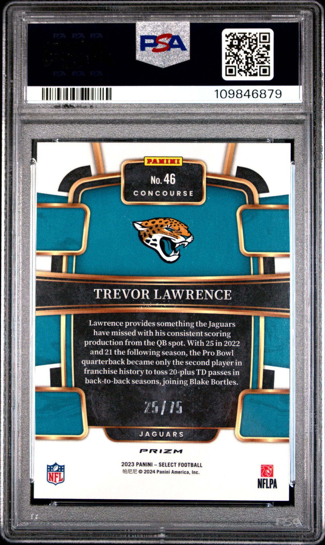 2023 Panini Select Trevor Lawrence #46 (Purple Prizm) Gem Mt 10 back