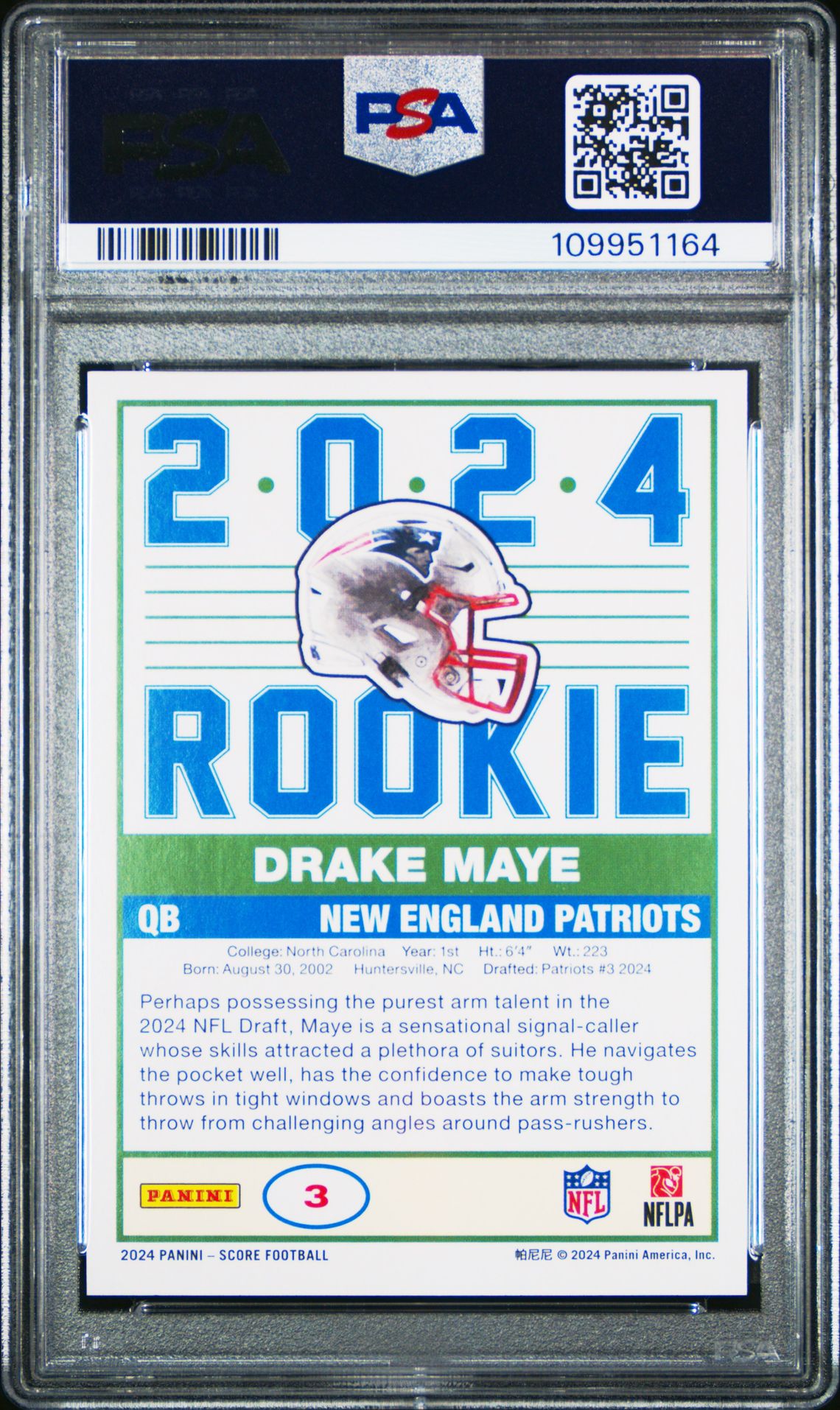 2024 Panini Score 35Th Anniversary Rookie Drake Maye #3 Gem Mt 10 back