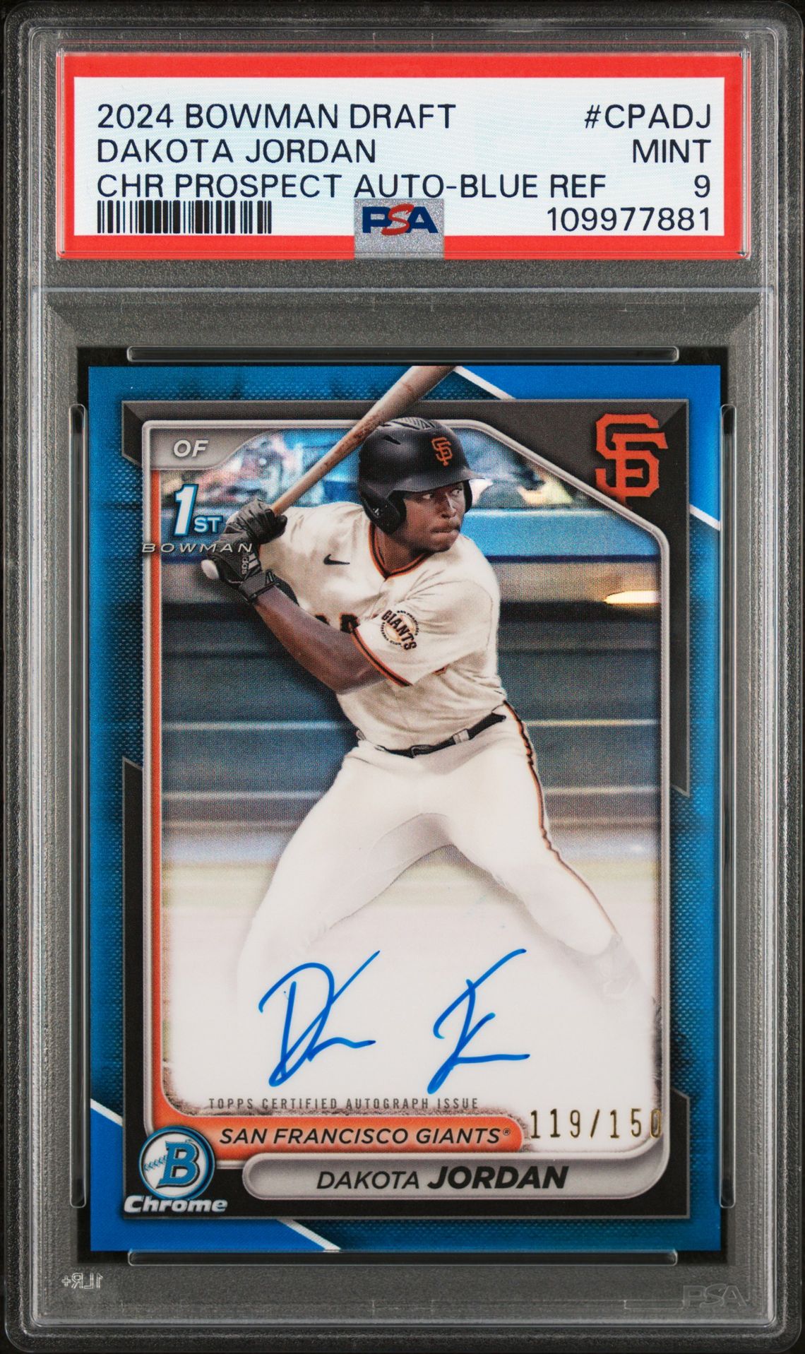 2024 Bowman Draft Chrome Prospect Autographs Dakota Jordan #Cpadj (Chr Prospect Auto-Blue Ref) Mint 9 front