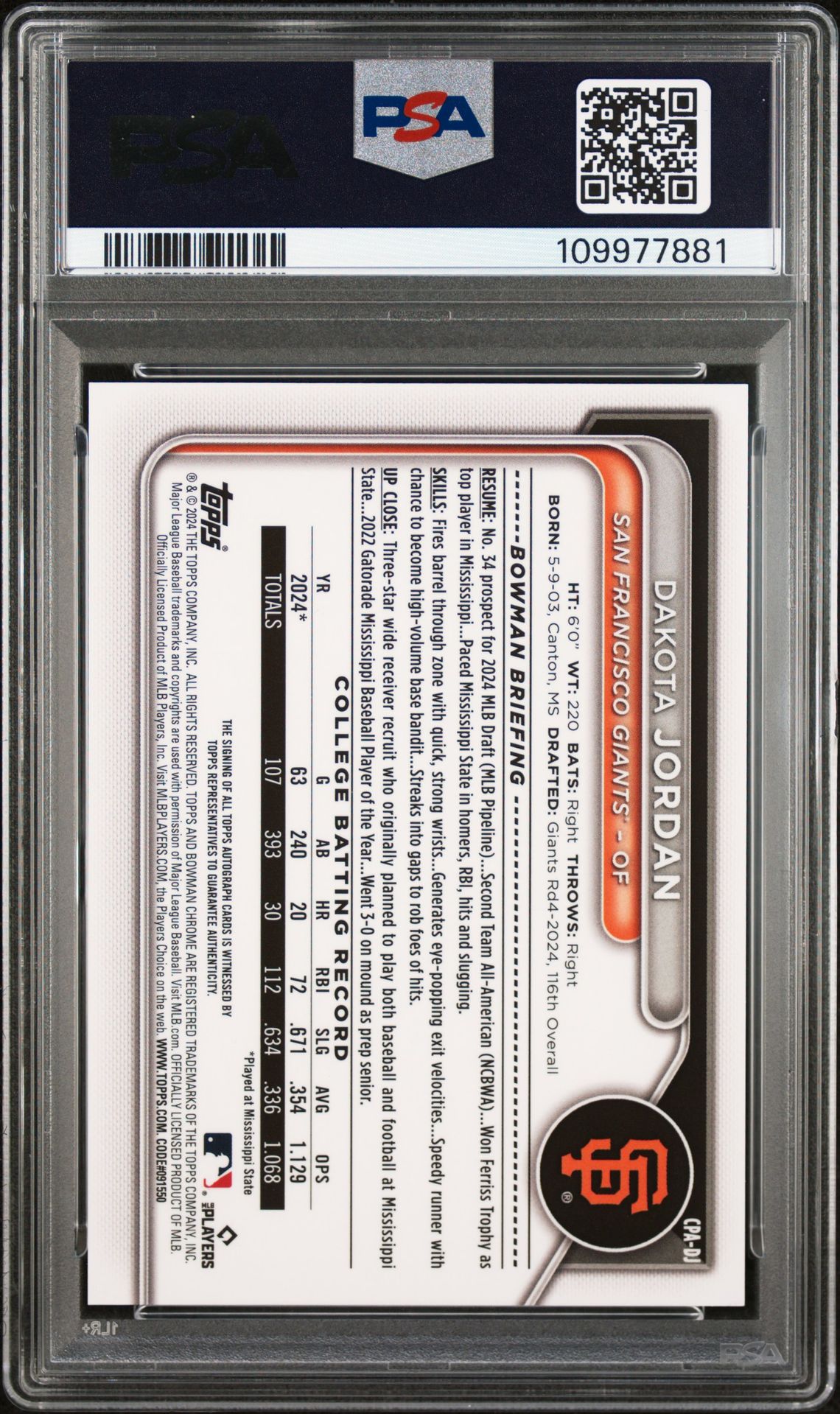 2024 Bowman Draft Chrome Prospect Autographs Dakota Jordan #Cpadj (Chr Prospect Auto-Blue Ref) Mint 9 back