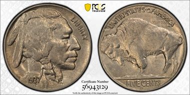 1937-D 5C 3 Legs AU58