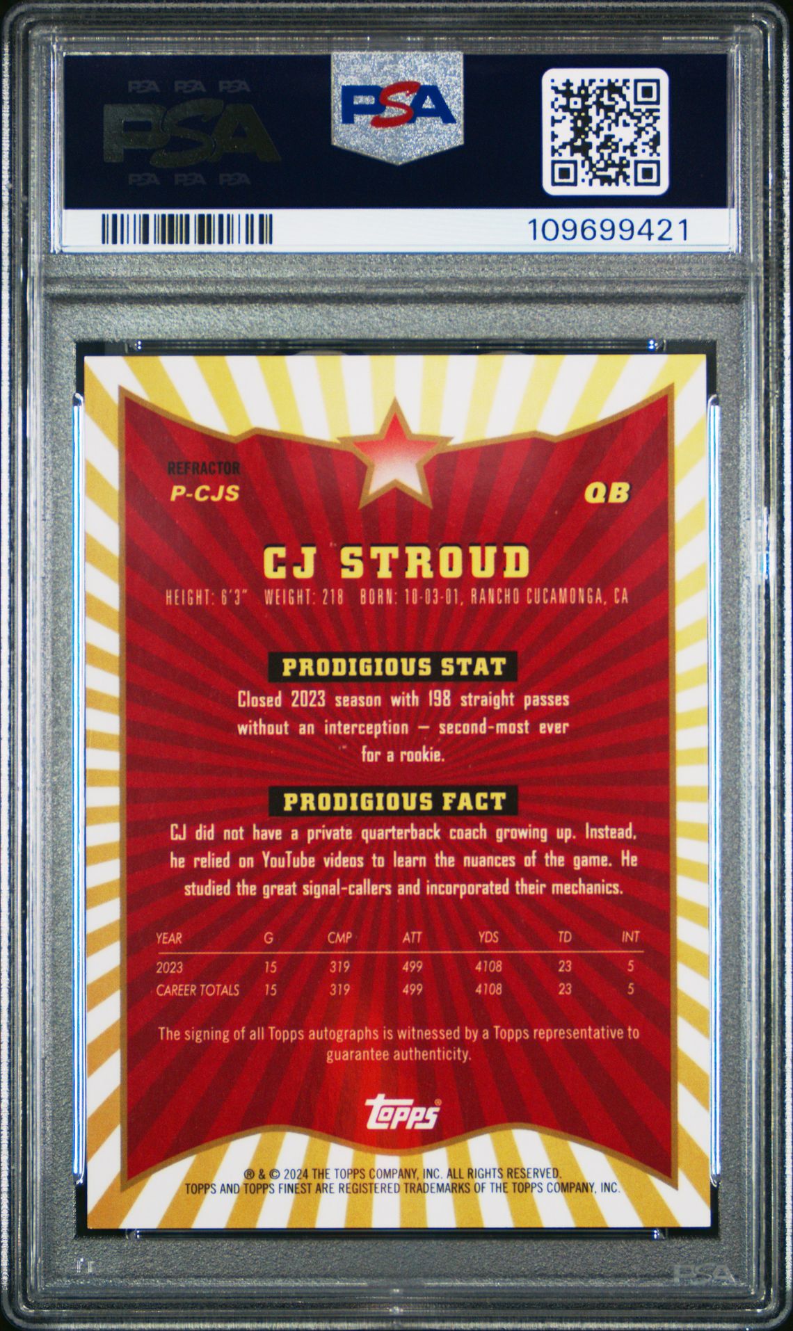 2024 Topps Finest Prodigies Autographs Cj Stroud #Pcjs (Prodigies Auto-Refractor) Gem Mt 10 back