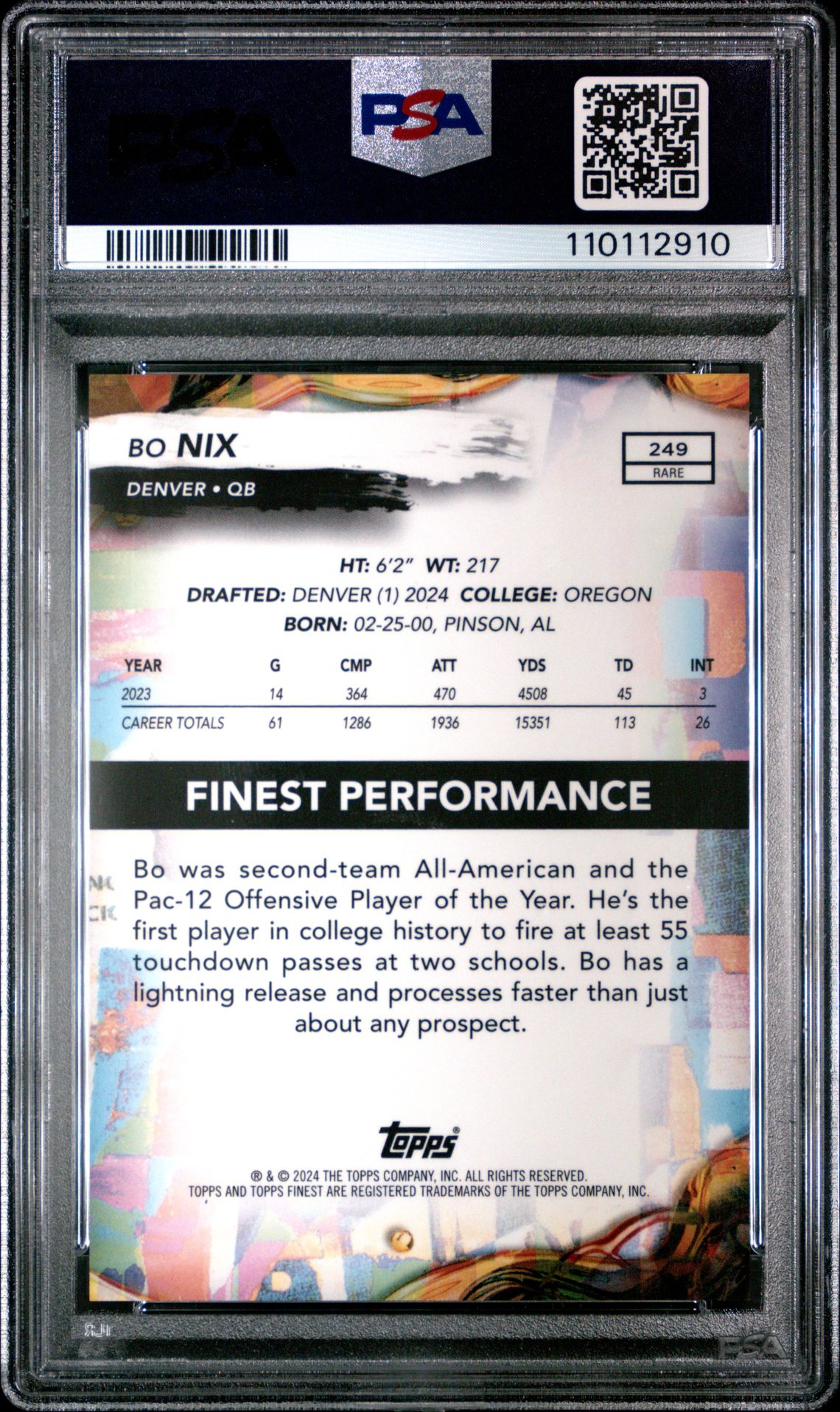 2024 Topps Finest Bo Nix #249 (Blue Checkerboard) Gem Mt 10 back