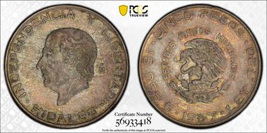 1957-Mo 5 Peso Hidalgo KM-469  Ag MS62